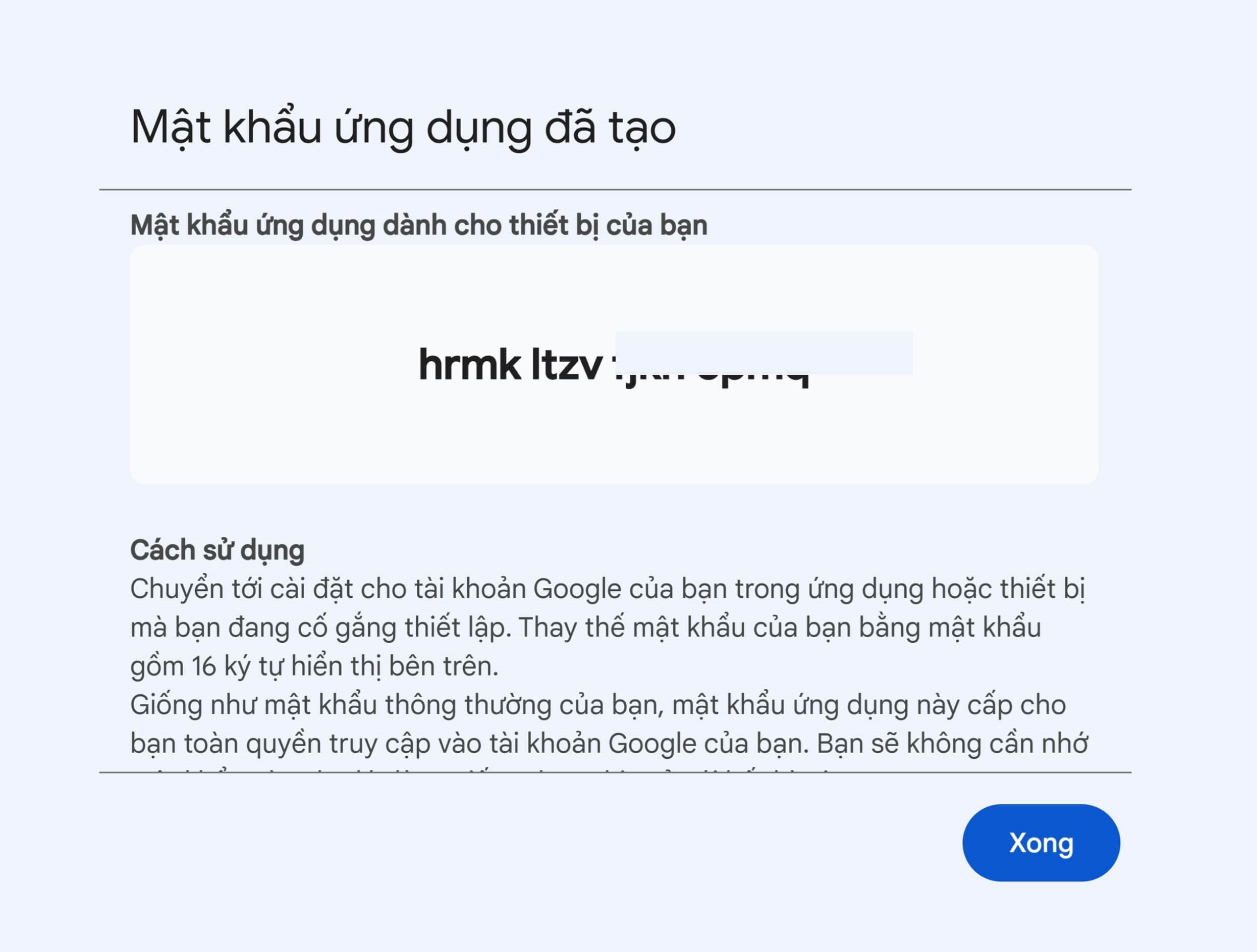 tao mat khau ung dung thanh cong