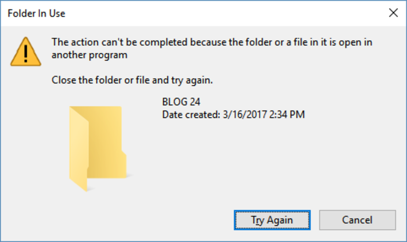 The action cannot be completed because the folder or a file in it is open in another program