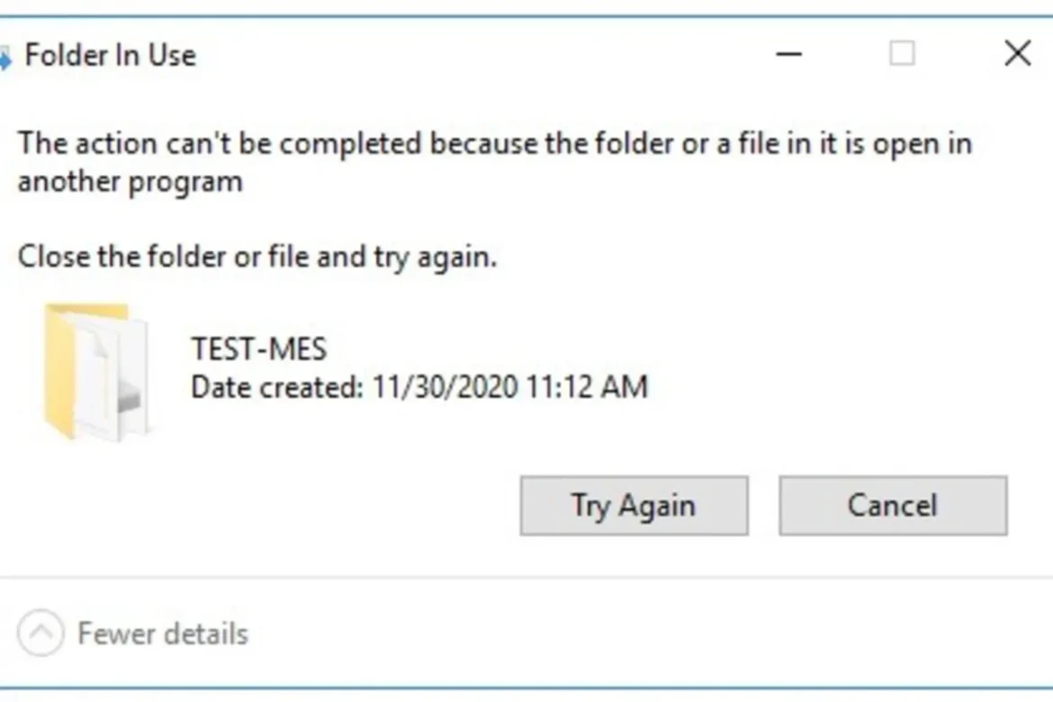 The action cannot be completed because the folder or a file in it is open in another program